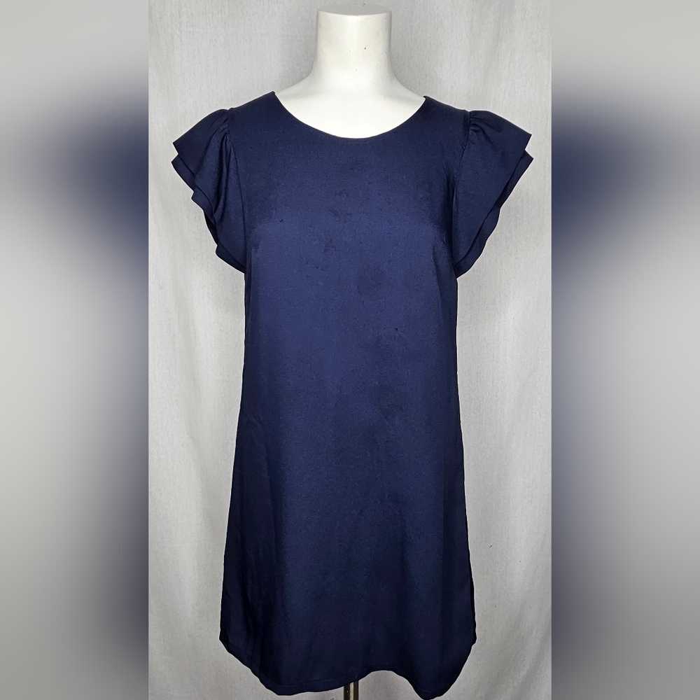 Miami Navy Blue‎ Double Flutter Sleeves Lined Dress Size S